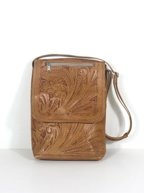 Vintage Tooled Tan Leather Crossbody Messenger Bag